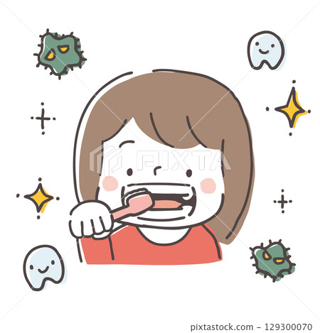 女孩刷牙，手繪插畫，蛀牙，閃閃發光，牙刷 129300070
