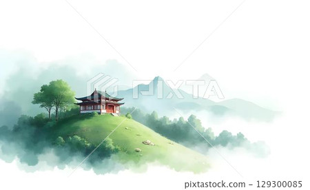A calm watercolor representation of a path that winds through a landscape toward a pagoda, embodying classic Asian artistic elements 129300085