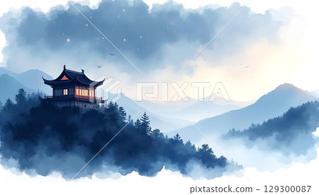 A delightful Asian watercolor artwork illustrating a path that meanders through nature, culminating at a peaceful pagoda 129300087