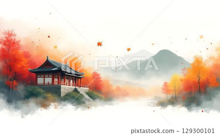 A tranquil watercolor scene of a path leading through a landscape to a pagoda, embodying traditional Asian artistic elements 129300101