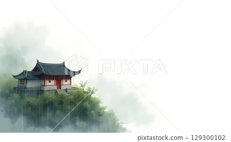 A picturesque Asian watercolor painting illustrating a path that meanders through nature, leading to a serene pagoda 129300102