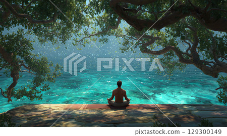 A man meditates in the morning on the beach, looking out at the horizon 129300149