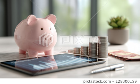 Piggy banks and tablets depict future investment 129300159