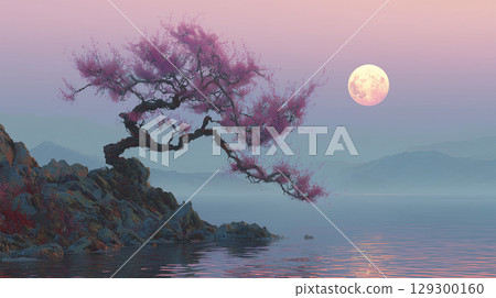滿月照亮櫻花樹的夢幻風景照片 滿月照亮櫻花樹的夢幻風景照片 129300160