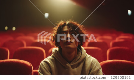 A man sitting alone in a movie theater A man sitting alone in a movie theater 129300191