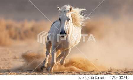 A white horse galloping powerfully across the sand 129300211