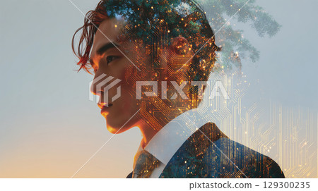 黃昏時分，一個人將樹木和電路結合在一起 129300235