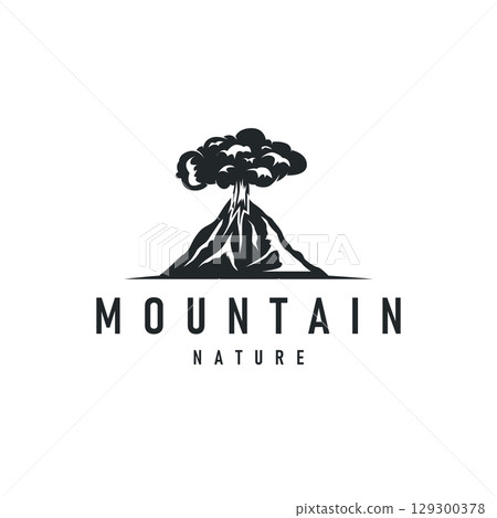 Volcano logo concept with black silhouette of erupting mountain, nature design and illustration template for brand or poster 129300378