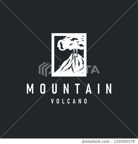Volcano logo concept with black silhouette of erupting mountain, nature design and illustration template for brand or poster Volcano logo concept with black silhouette of erupting mountain, nature design and illustration template for brand or poster 129300379