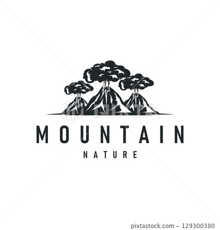 Volcano logo concept with black silhouette of erupting mountain, nature design and illustration template for brand or poster 129300380