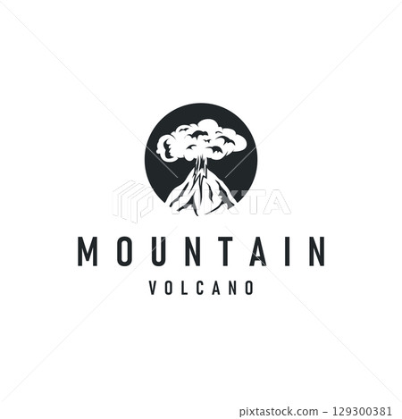 Volcano logo concept with black silhouette of erupting mountain, nature design and illustration template for brand or poster 129300381
