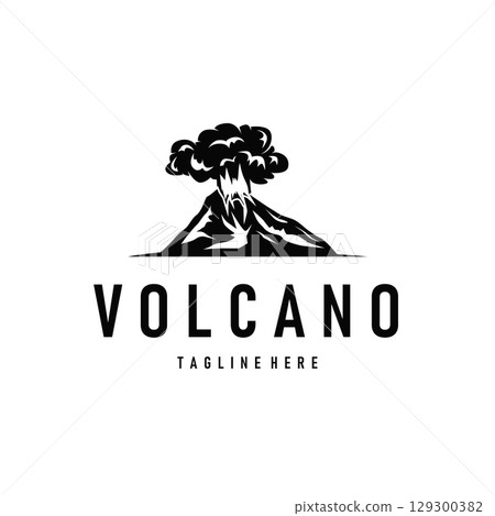 Volcano logo concept with black silhouette of erupting mountain, nature design and illustration template for brand or poster Volcano logo concept with black silhouette of erupting mountain, nature design and illustration template for brand or poster 129300382
