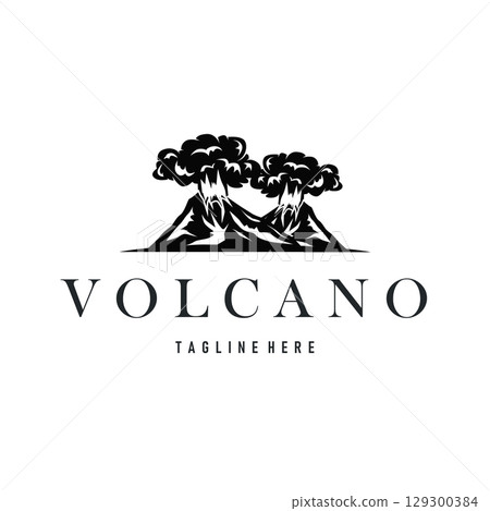 Volcano logo concept with black silhouette of erupting mountain, nature design and illustration template for brand or poster Volcano logo concept with black silhouette of erupting mountain, nature design and illustration template for brand or poster 129300384