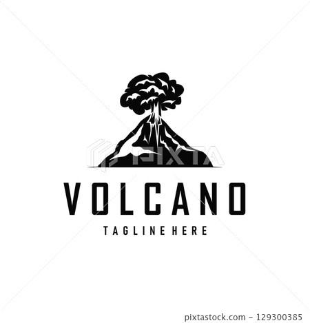 Volcano logo concept with black silhouette of erupting mountain, nature design and illustration template for brand or poster Volcano logo concept with black silhouette of erupting mountain, nature design and illustration template for brand or poster 129300385