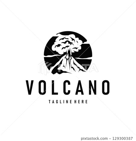 Volcano logo concept with black silhouette of erupting mountain, nature design and illustration template for brand or poster 129300387