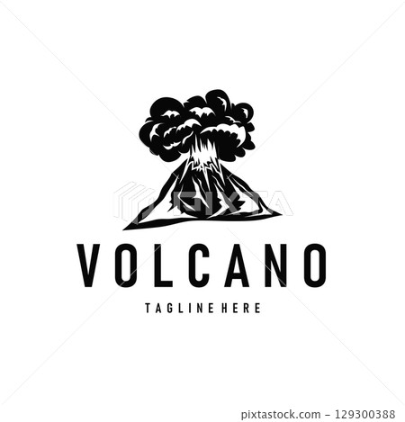 Volcano logo concept with black silhouette of erupting mountain, nature design and illustration template for brand or poster Volcano logo concept with black silhouette of erupting mountain, nature design and illustration template for brand or poster 129300388