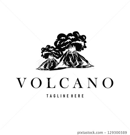Volcano logo concept with black silhouette of erupting mountain, nature design and illustration template for brand or poster 129300389
