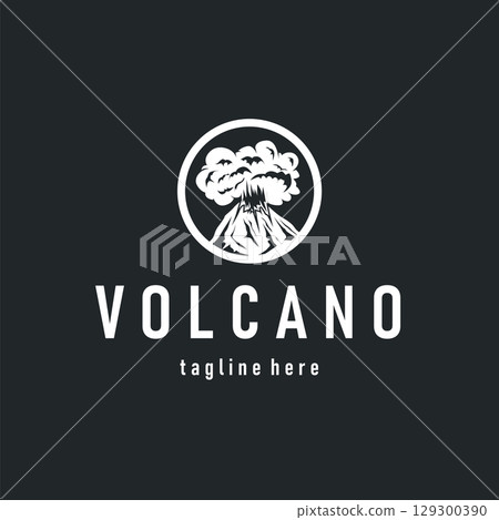 Volcano logo concept with black silhouette of erupting mountain, nature design and illustration template for brand or poster Volcano logo concept with black silhouette of erupting mountain, nature design and illustration template for brand or poster 129300390