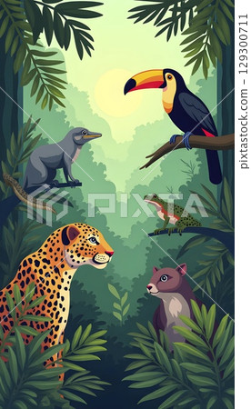 Realistic Tropical Animals In Dense Rainforest Scene 129300711