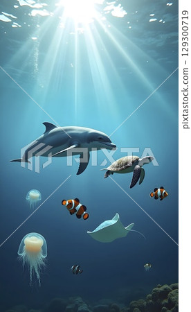 Dolphin, Turtle, Fish, Ray, And Jellyfish 129300719