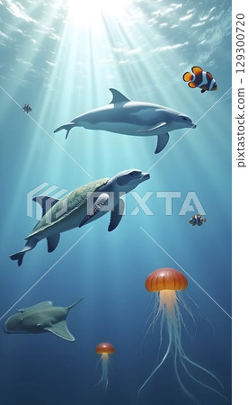Underwater Marine Animals Swimming In Clear Ocean 129300720