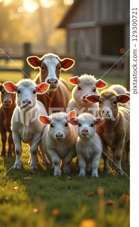 Farm Animals In Realistic Morning Pasture Scene 129300721