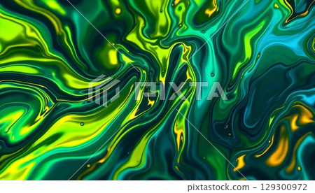 Abstract design of green and gold liquid with blue undertones, creating a visually striking and fluid background 129300972