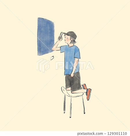 一個男孩用放大鏡看一幅畫 129301110