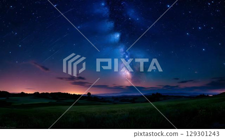 An awe-inspiring sight of the Milky Way towering over a mountain range, adorned with vibrant light trails that streak across the dark sky 129301243