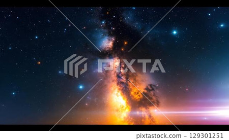 The Milky Way galaxy aglow with radiant light trails, forming a stunning celestial spectacle 129301251