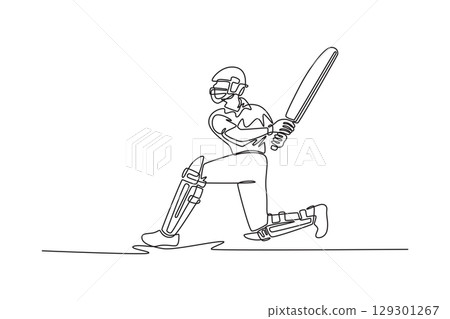 Continuous one line drawing cricketer in protective gear and helmet down on his knee playing a shot. Batsman hitting the ball on match competition. Single line draw design vector graphic illustration 129301267