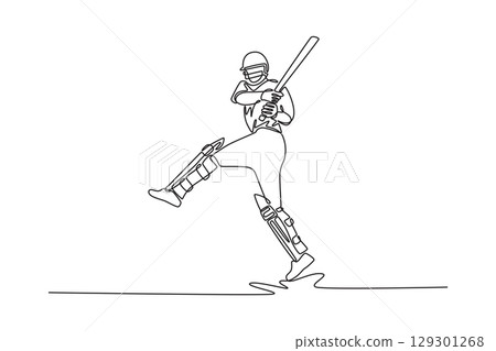 Continuous one line drawing male cricketer playing cricket on the pitch in sportswear for regular matches. Sportsman hitting a shot on cricket ball. Single line draw design vector graphic illustration 129301268
