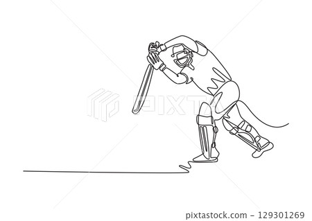 Continuous one line drawing attractive cricket batsman playing pull shot towards boundary in cricket match. Cricketer at professional competition. Single line draw design vector graphic illustration Continuous one line drawing attractive cricket batsman playing pull shot towards boundary in cricket match. Cricketer at professional competition. Single line draw design vector graphic illustration 129301269