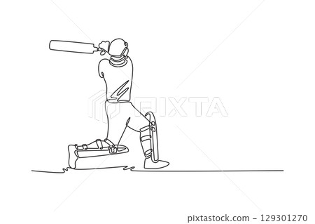 Continuous one line drawing a cricketer practice batting in green field. Male cricket athlete with protective gear and helmet in action on stadium. Single line draw design vector graphic illustration Continuous one line drawing a cricketer practice batting in green field. Male cricket athlete with protective gear and helmet in action on stadium. Single line draw design vector graphic illustration 129301270
