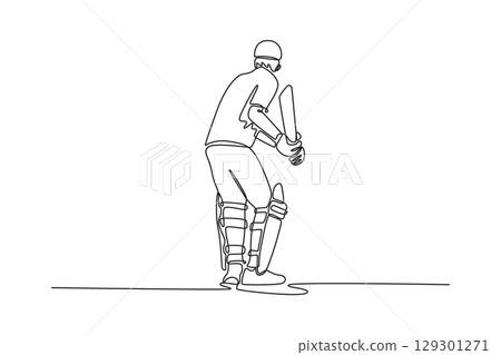 Continuous one line drawing back view of male cricket player with protective helmet on the field in batting position. Batsman in action at fun game. Single line draw design vector graphic illustration Continuous one line drawing back view of male cricket player with protective helmet on the field in batting position. Batsman in action at fun game. Single line draw design vector graphic illustration 129301271