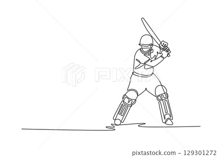 Continuous one line drawing male cricket player wearing protective helmet in batting position on the field. Focused player playing fun game outdoor. Single line draw design vector graphic illustration Continuous one line drawing male cricket player wearing protective helmet in batting position on the field. Focused player playing fun game outdoor. Single line draw design vector graphic illustration 129301272
