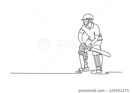 Continuous one line drawing male cricket player wearing protective gear in batting position on the field. Healthy fitness workout or focused player. Single line draw design vector graphic illustration Continuous one line drawing male cricket player wearing protective gear in batting position on the field. Healthy fitness workout or focused player. Single line draw design vector graphic illustration 129301273