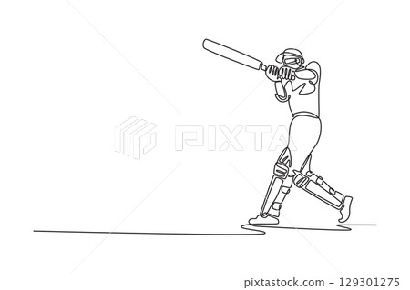 Continuous one line drawing active male cricket player wearing protective gear and hitting the ball with bat on the field. Healthy fitness workout. Single line draw design vector graphic illustration 129301275