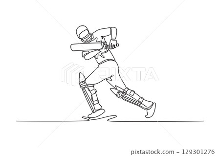 Single continuous line drawing cricket batsman in action on professional cricket stadium. Healthy fitness workout or focused player playing a fun game. One line draw graphic design vector illustration 129301276