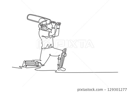 Single continuous line drawing cricket player batsman hitting ball in stadium. Female athlete with sport gloves for professional competition, training. One line draw graphic design vector illustration 129301277