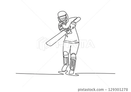 Single continuous line drawing front view cricketer batswoman hitting reverse sweep during match on pitch. Professional sport and exercise for fitness. One line draw graphic design vector illustration 129301278