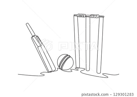 Single continuous line drawing cricket bat, stumps, bails, and ball isolated on white background. Wooden cricket gear or equipment for match. Dynamic one line draw graphic design vector illustration Single continuous line drawing cricket bat, stumps, bails, and ball isolated on white background. Wooden cricket gear or equipment for match. Dynamic one line draw graphic design vector illustration 129301283