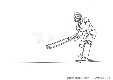 Single continuous line drawing active cricket player with gear and helmet hitting the ball with bat in stadium. Fitness training, performance or game. One line draw graphic design vector illustration Single continuous line drawing active cricket player with gear and helmet hitting the ball with bat in stadium. Fitness training, performance or game. One line draw graphic design vector illustration 129301284