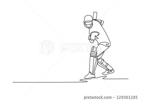 Single one line drawing front view of man cricketer hitting the ball with bat for match or competition. Fitness training, performance or game. Continuous line draw design graphic vector illustration 129301285