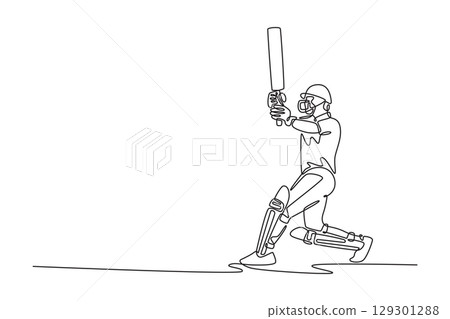 Single one line drawing attractive cricket player hitting ball with bat in professional match competition. Male athlete with gear for workout. Continuous line draw design graphic vector illustration Single one line drawing attractive cricket player hitting ball with bat in professional match competition. Male athlete with gear for workout. Continuous line draw design graphic vector illustration 129301288