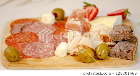 Savory Platter with Ham, Prosciutto, Cheese, and Olives Savory Platter with Ham, Prosciutto, Cheese, and Olives 129301469