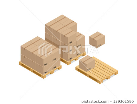 Isometric brown cardboard boxes on wooden pallet stock illustration 129301590