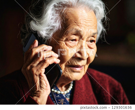 Grandma makes a phone call with a serious look on her face 129301636