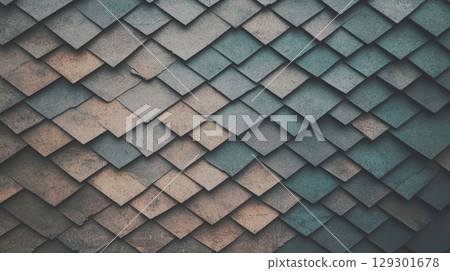 Pattern of overlapping tiles creates a textured wall in muted colors 129301678