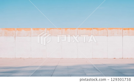 Concrete wall against bright blue sky in urban setting during daylight hours 129301738